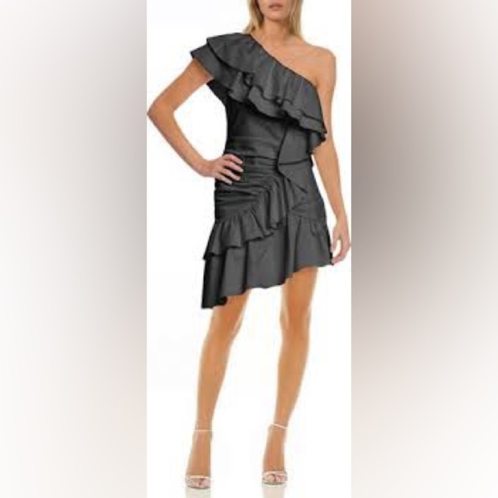 Jewel Badgley Mischka One Shoulder Ruffle Dress 6 - Black Cocktail